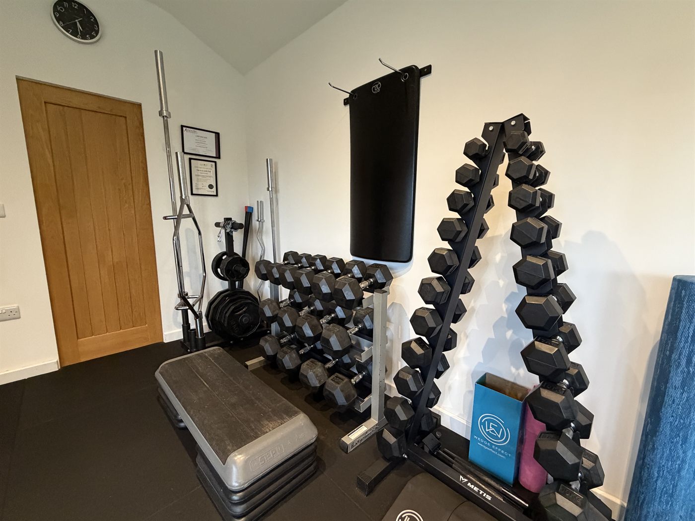 Dumbbell racks, barbells and step