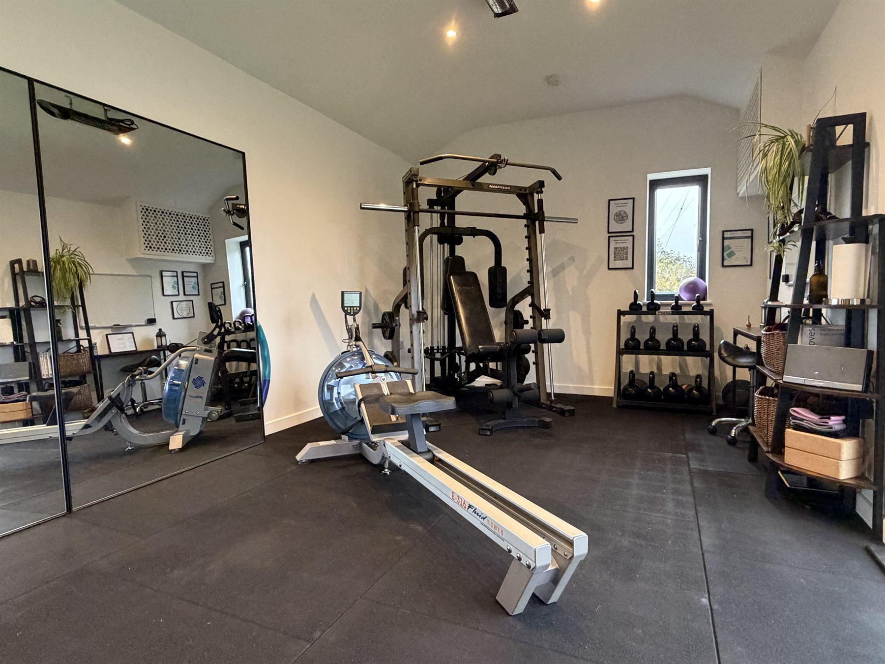 Water rower, Smith machine and kettlebell rack